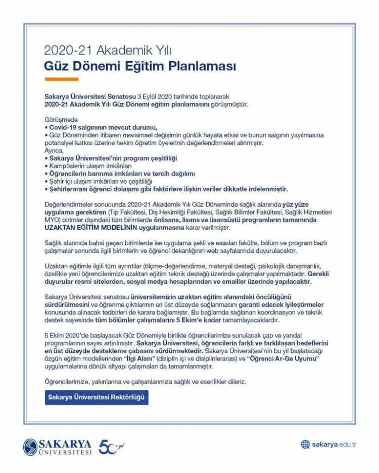 2020-21 Akademik Yılı Güz Dönemi Eğitim Planlaması